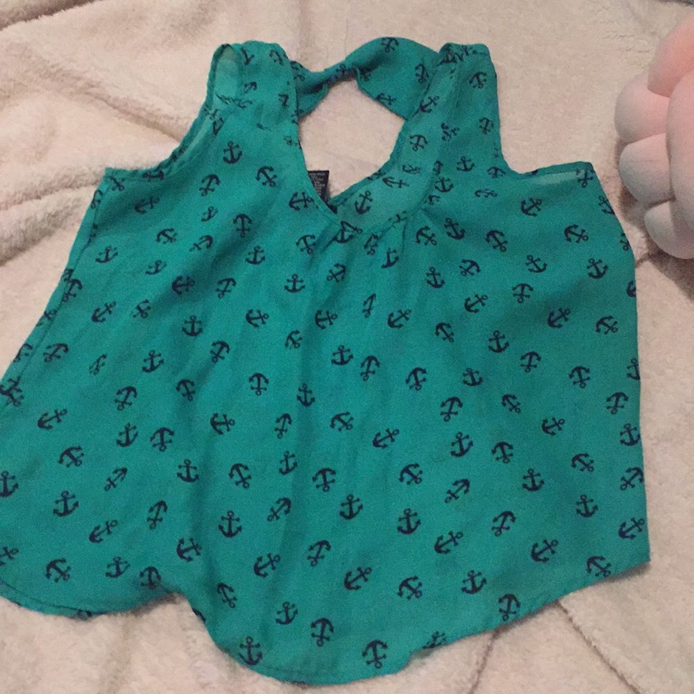 Teal blouse with navy anchors